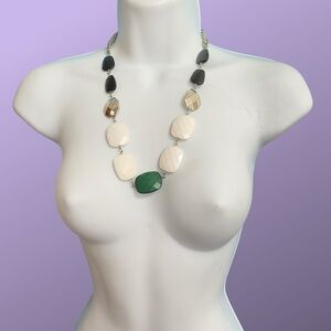 Chunky Acrylic Beads Silver Tone Chain Green White Silver Black  Necklace